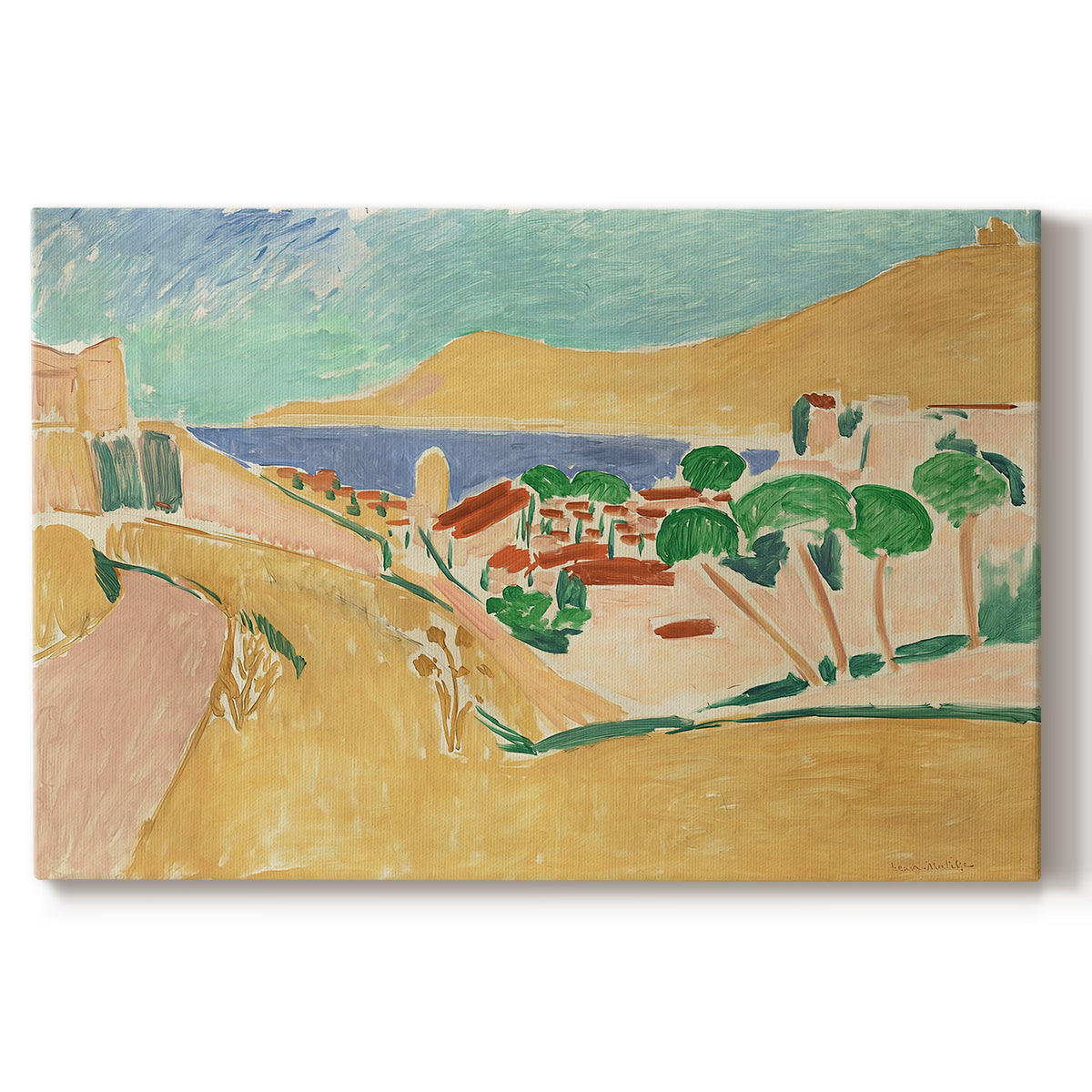 Canvas art print portraying a bright coastal townscape with buildings, water, and vivid colors, set against a white background