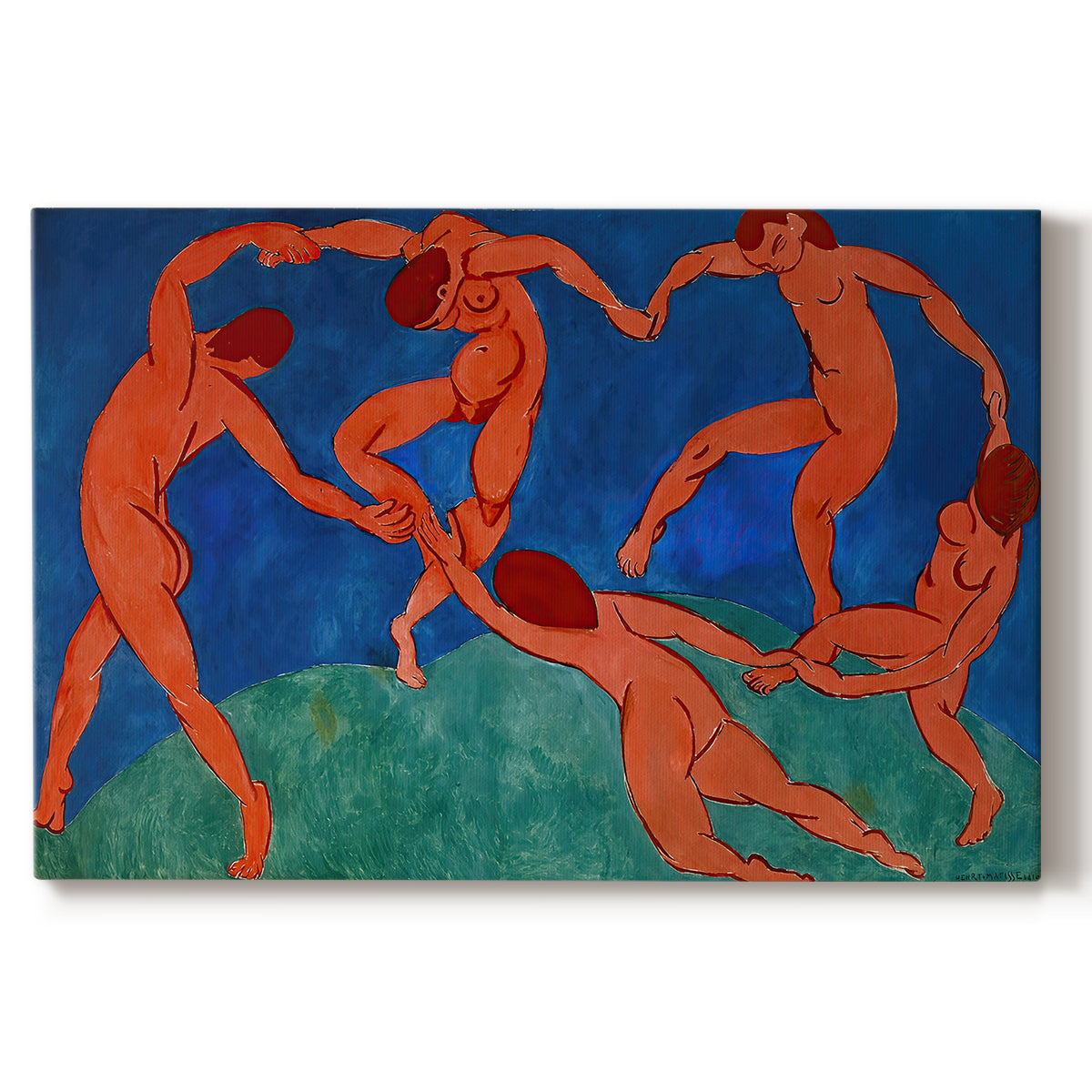 Canvas art print portraying dancing figures holding hands in a circular rhythm against a bold background, set against a white background
