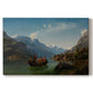 Canvas art print portraying a bridal procession in boats crossing a fjord surrounded by dramatic mountain landscape, set against a white background