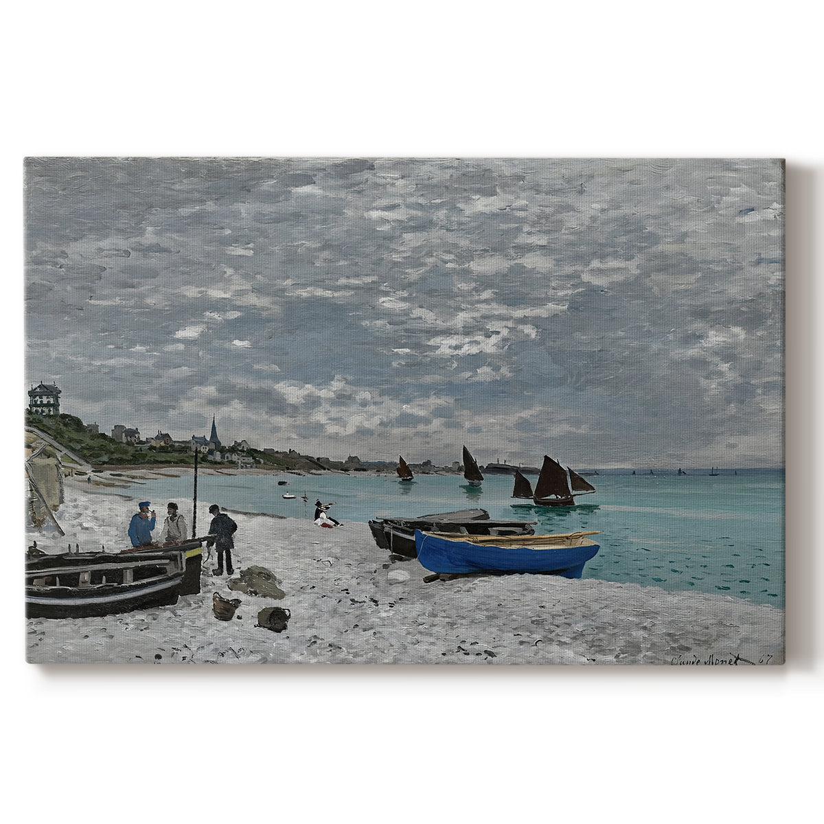 Canvas art print portraying a seaside promenade with figures, flags, and boats along the coast, set against a white background