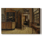 Canvas art print portraying a figure standing inside rustic inn interior with wooden furnishings and doorway, set against a white background