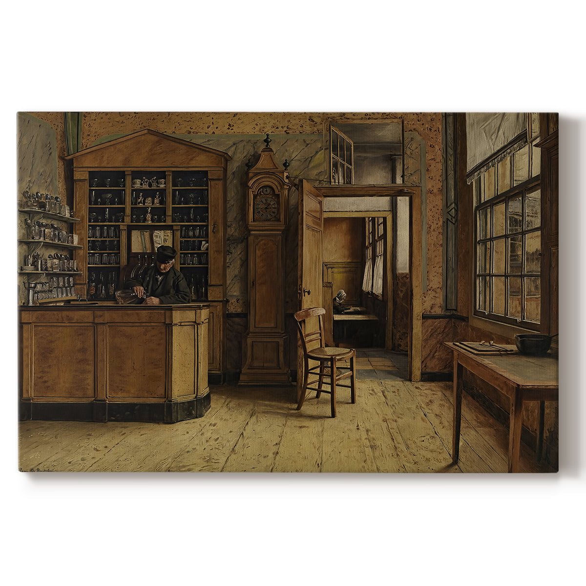 Canvas art print portraying a figure standing inside rustic inn interior with wooden furnishings and doorway, set against a white background