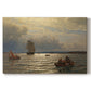 Canvas art print portraying a calm water inlet with boats and distant shoreline under soft light, set against a white background