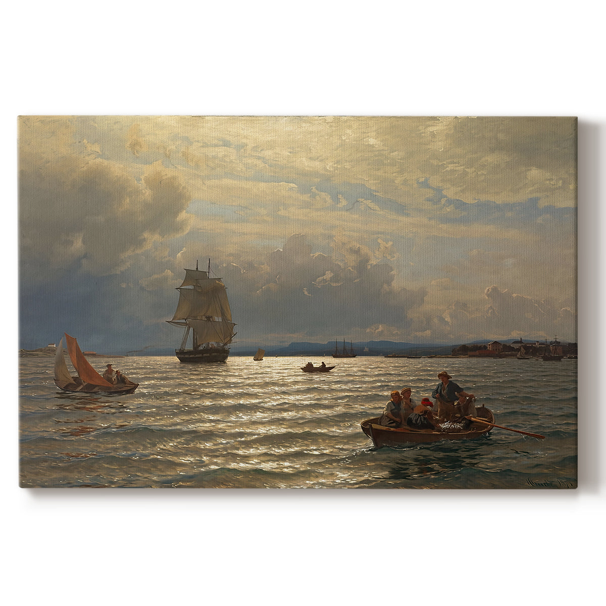 Canvas art print portraying a calm water inlet with boats and distant shoreline under soft light, set against a white background