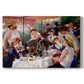 Canvas art print portraying a group of elegantly dressed people dining together on a sunlit balcony overlooking the river, set against a white background
