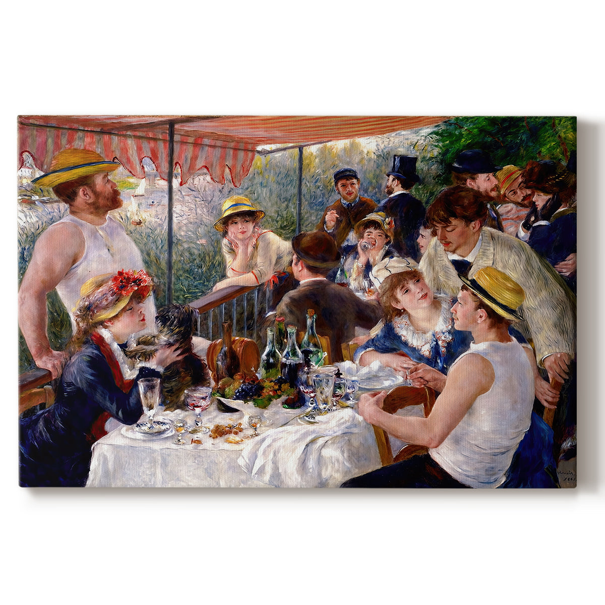 Canvas art print portraying a group of elegantly dressed people dining together on a sunlit balcony overlooking the river, set against a white background