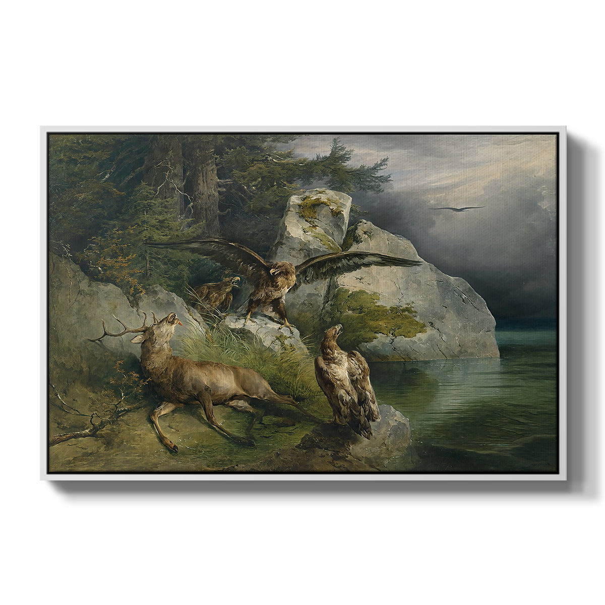 Eagles and Dying Stag on a Lakeshore, 1836 - Floater Framed Canvas Print