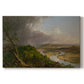 Canvas art print portraying a panoramic river landscape with contrast between stormy sky and calm farmland, set against a white background