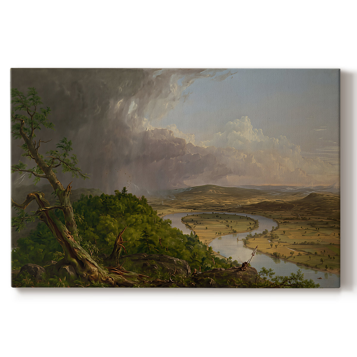 Canvas art print portraying a panoramic river landscape with contrast between stormy sky and calm farmland, set against a white background