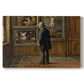 Canvas art print portraying a figure standing indoors closely examining framed artwork on wall, set against a white background