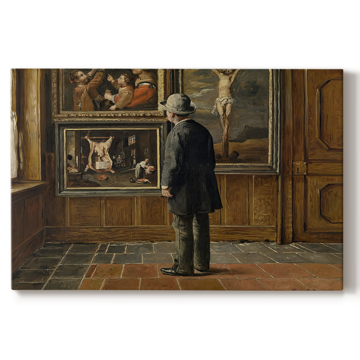 Canvas art print portraying a figure standing indoors closely examining framed artwork on wall, set against a white background