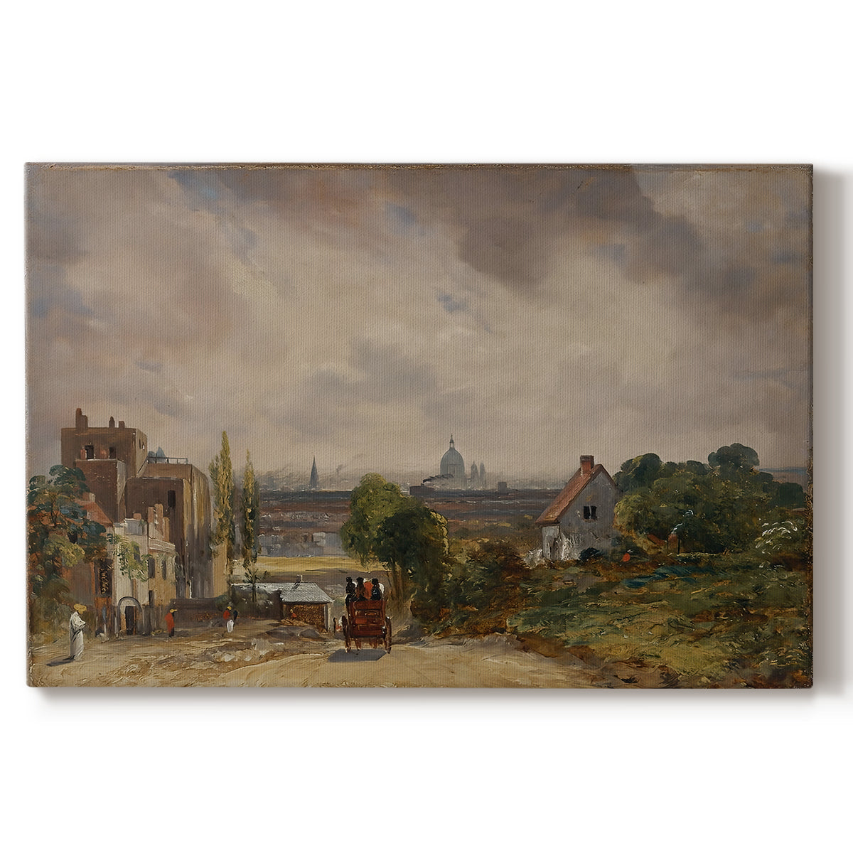 Canvas art print portraying a small cottage among trees in rural setting, set against a white background