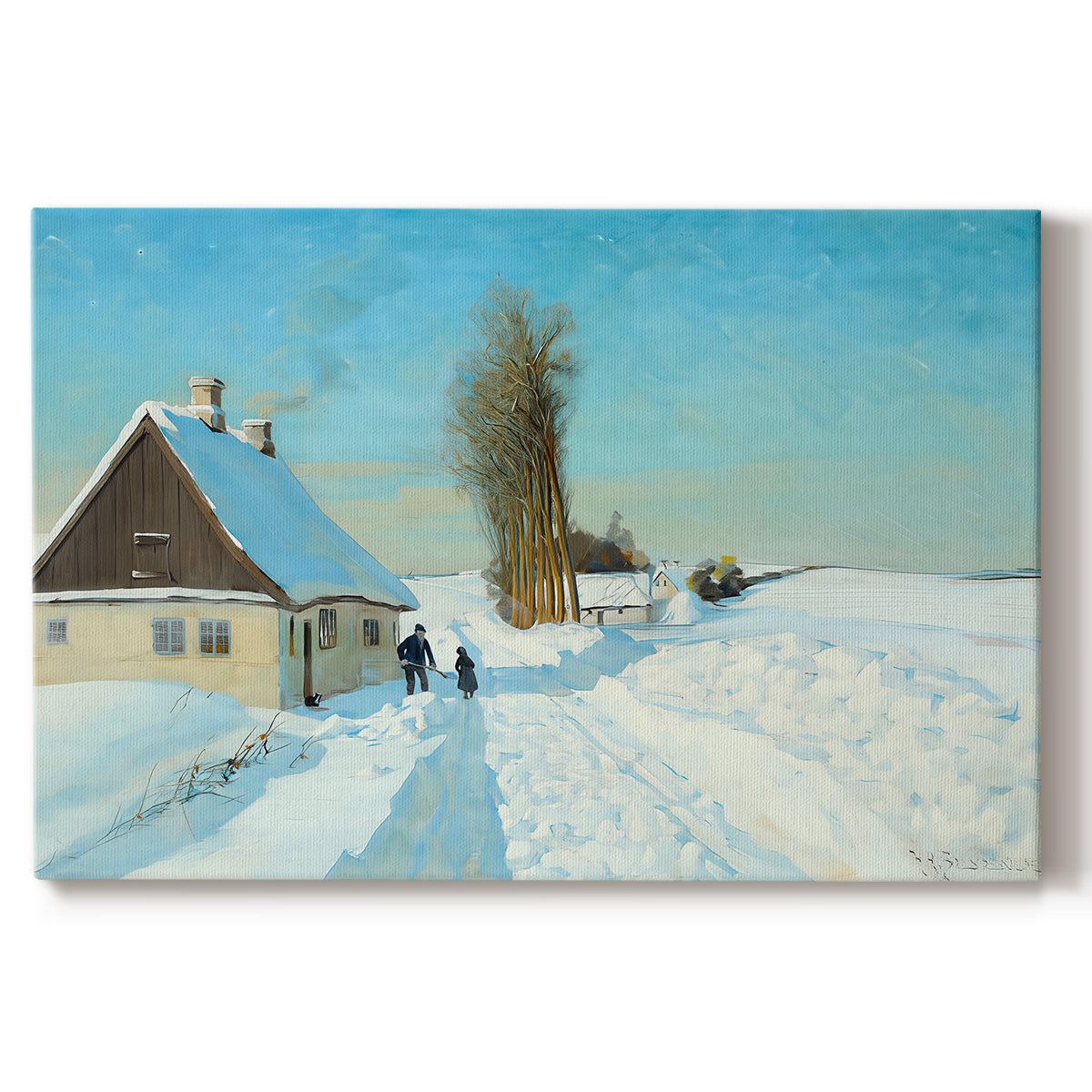 Canvas art print portraying a person shoveling snow outside house in bright winter landscape, set against a white background