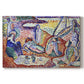 Canvas art print portraying figures lounging outdoors in a vibrant coastal setting with water views, set against a white background