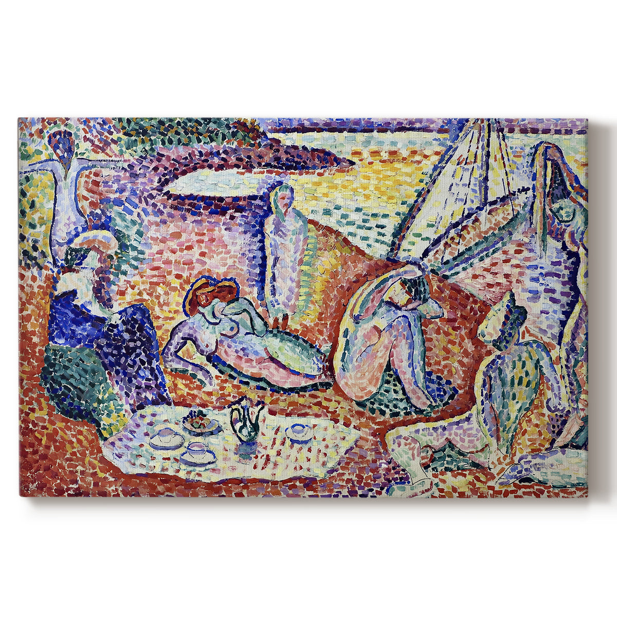 Canvas art print portraying figures lounging outdoors in a vibrant coastal setting with water views, set against a white background