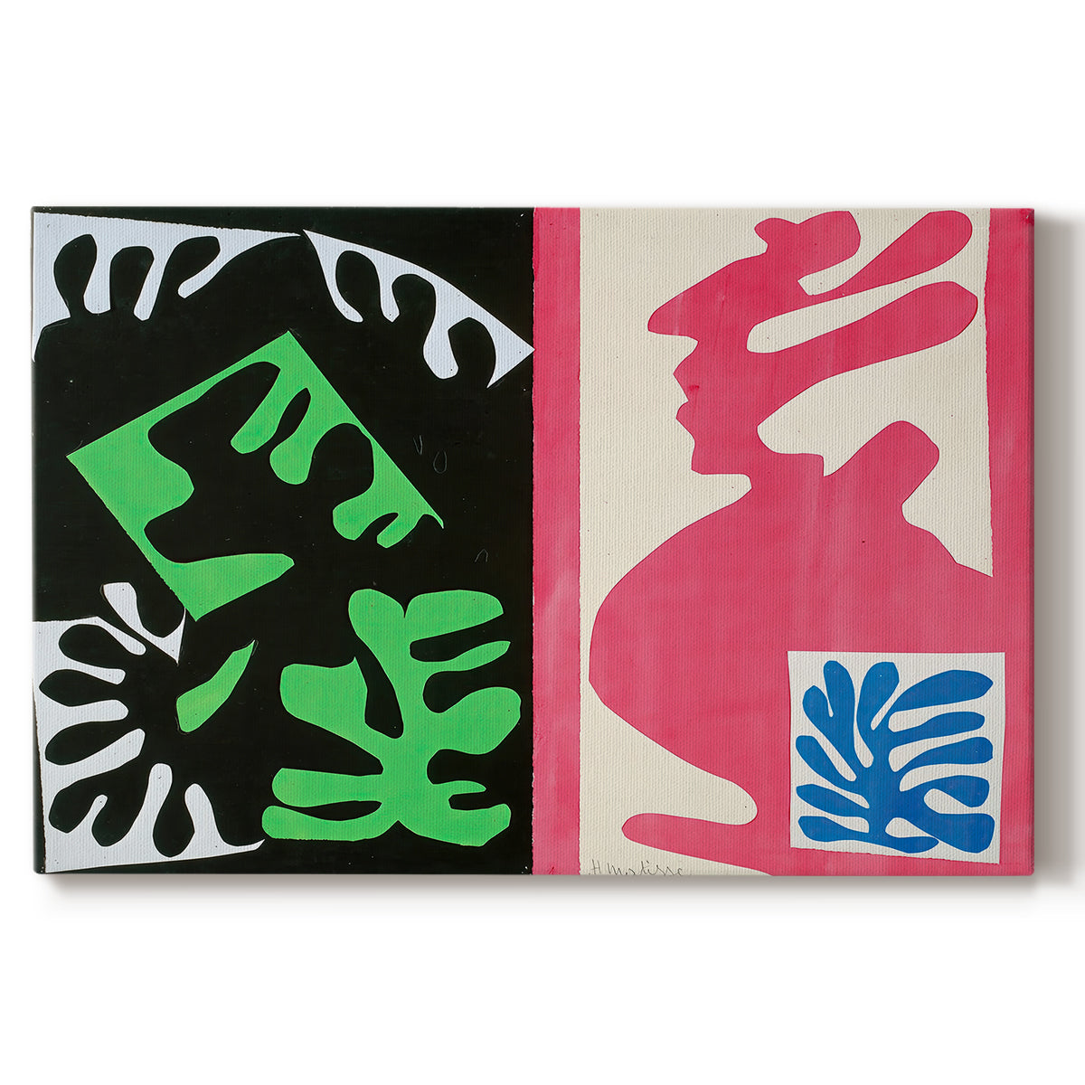 Canvas art print portraying an abstract collage of bold black and red shapes in dynamic arrangement, set against a white background
