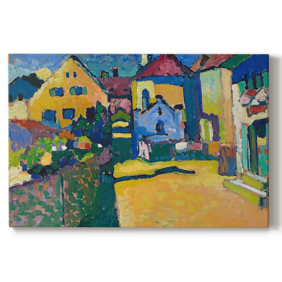 Canvas art print portraying a village street with colorful houses and trees lining a narrow road, set against a white background