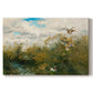 Canvas art print portraying ducks moving through grassy wetland near water's edge, set against a white background