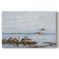 Canvas art print portraying a group of geese gathered near water in a natural wetland landscape, set against a white background
