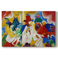 Canvas art print portraying a colorful abstract composition with clustered shapes suggesting figures and decorative elements, set against a white background