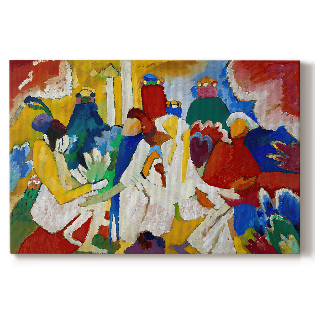Canvas art print portraying a colorful abstract composition with clustered shapes suggesting figures and decorative elements, set against a white background
