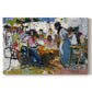 Canvas art print portraying a group of workers repairing fishing nets in outdoor coastal setting, set against a white background