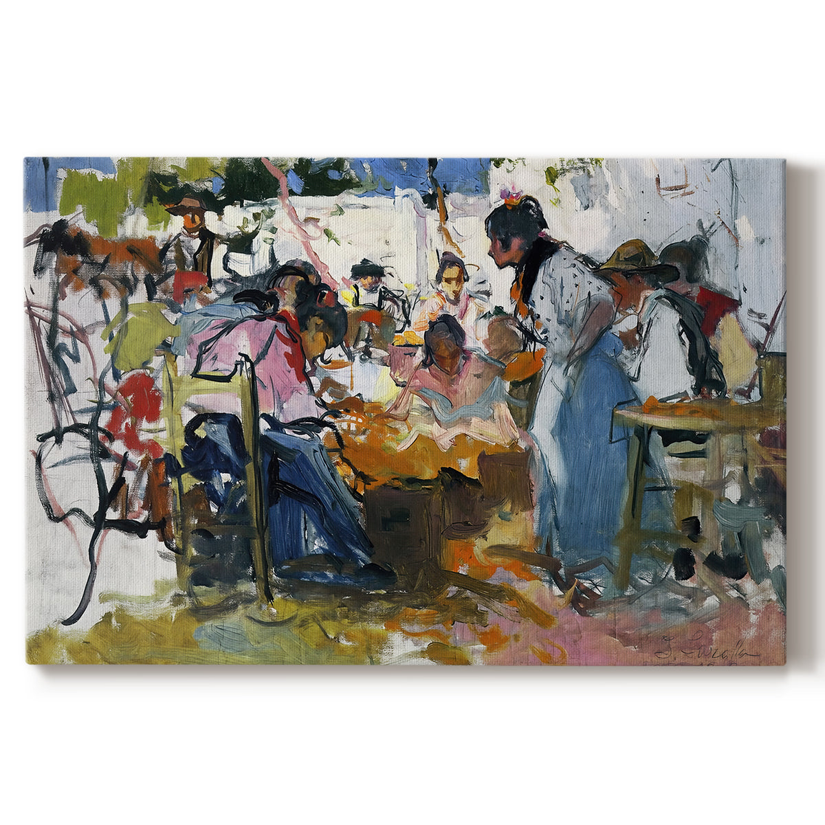 Canvas art print portraying a group of workers repairing fishing nets in outdoor coastal setting, set against a white background