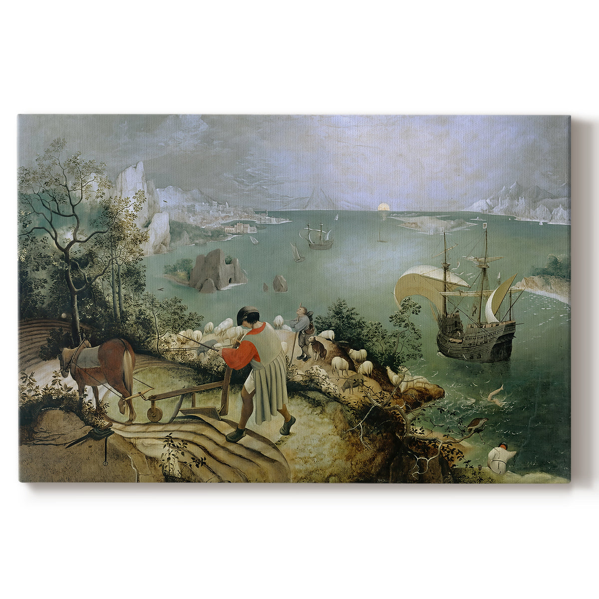Canvas art print portraying a wide landscape with small figure falling into sea, set against a white background