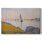 Canvas art print portraying a quiet harbor at sunset, set against a white background