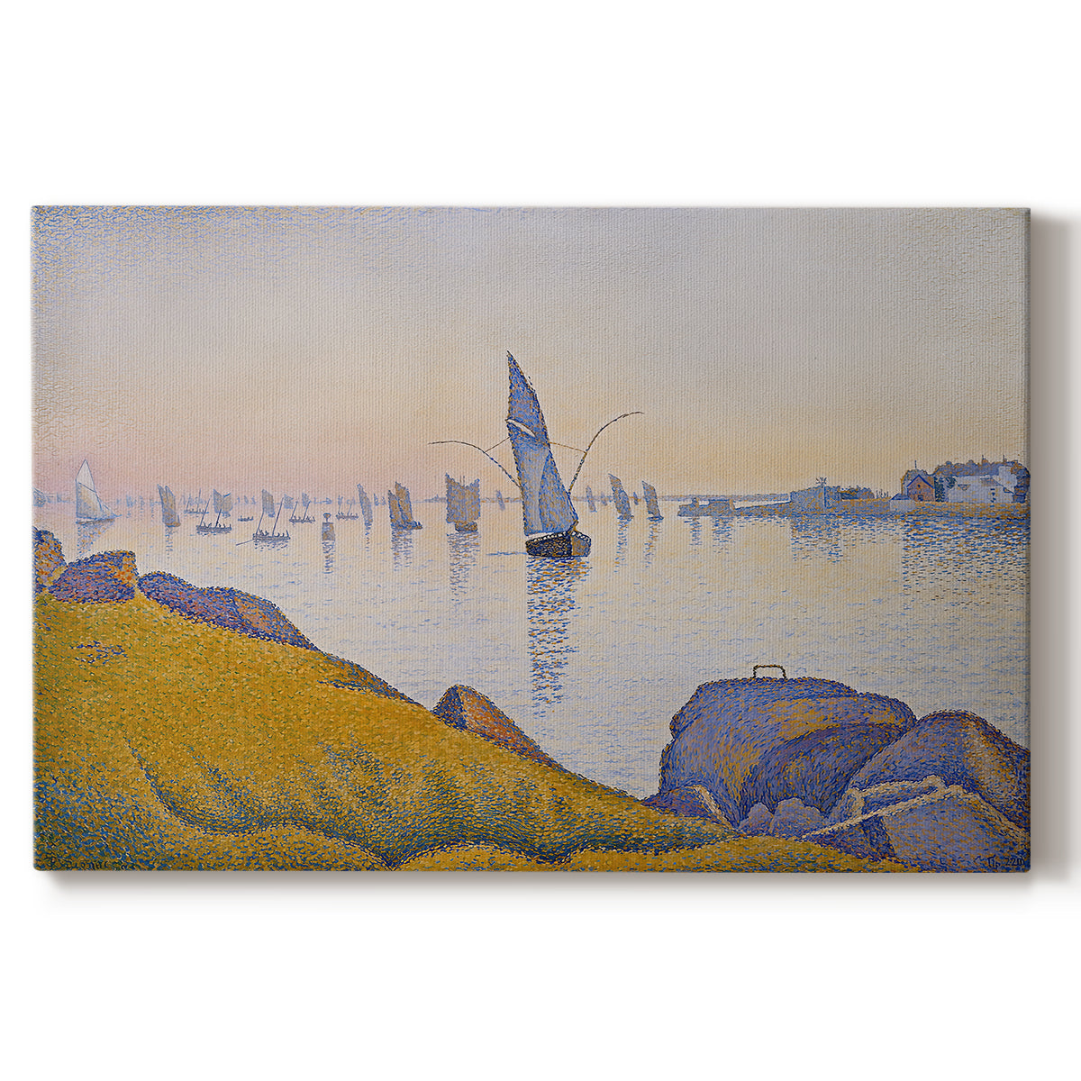 Canvas art print portraying a quiet harbor at sunset, set against a white background