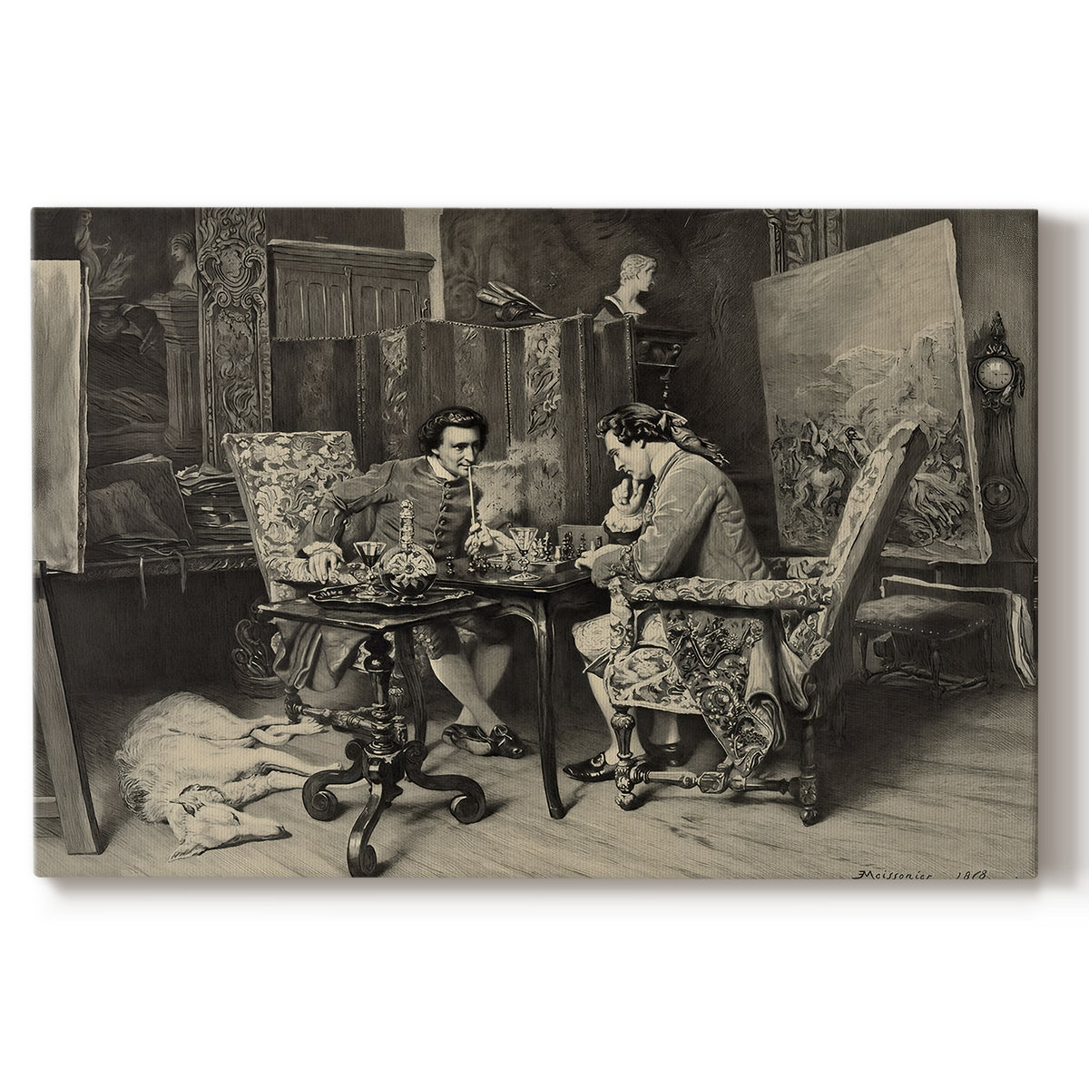 Canvas art print portraying two men seated at table playing chess in detailed interior setting, set against a white background