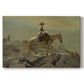 Canvas art print portraying a rider on horseback moving along elevated path with mountain view, set against a white background