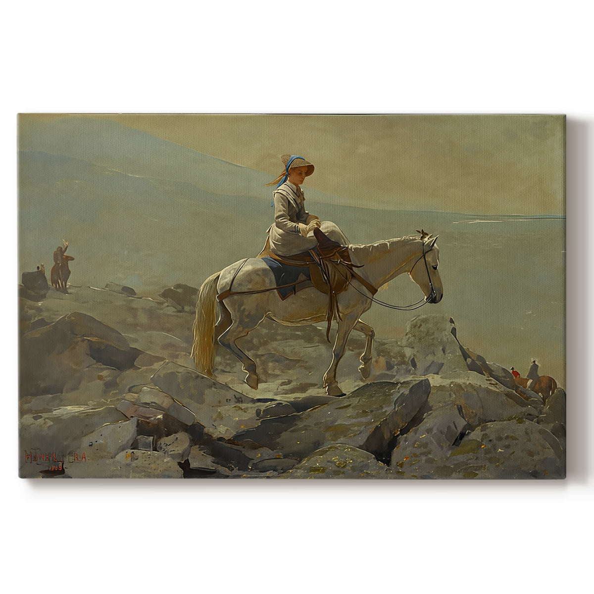 Canvas art print portraying a rider on horseback moving along elevated path with mountain view, set against a white background