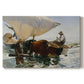 Canvas art print portraying fishermen pulling boat ashore with oxen along beach, set against a white background