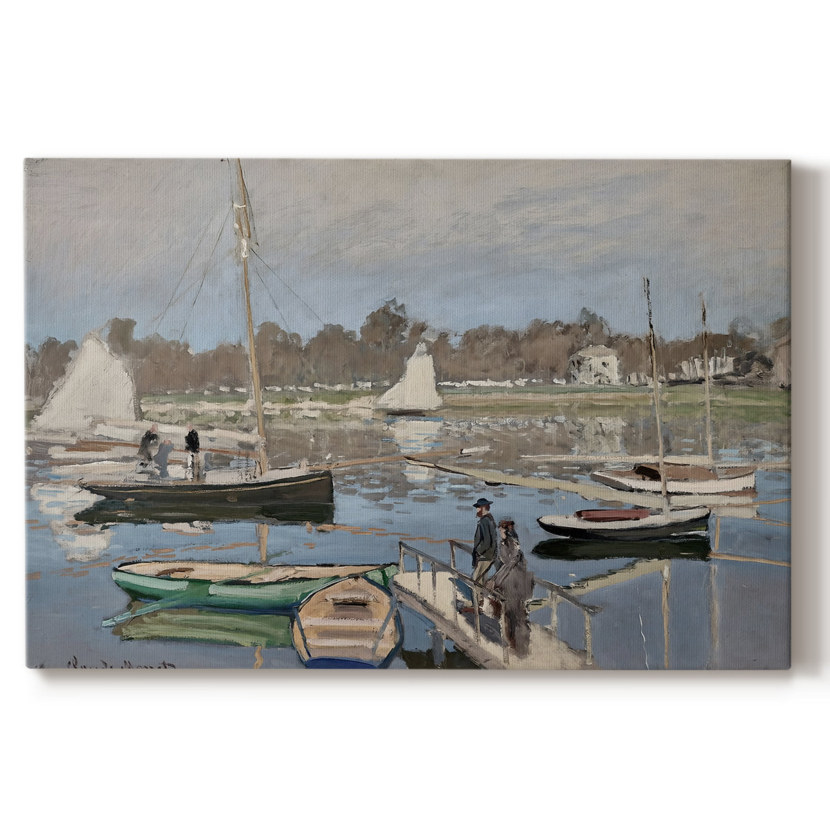 Canvas art print portraying sailboats gathered in calm basin with reflections on water, set against a white background