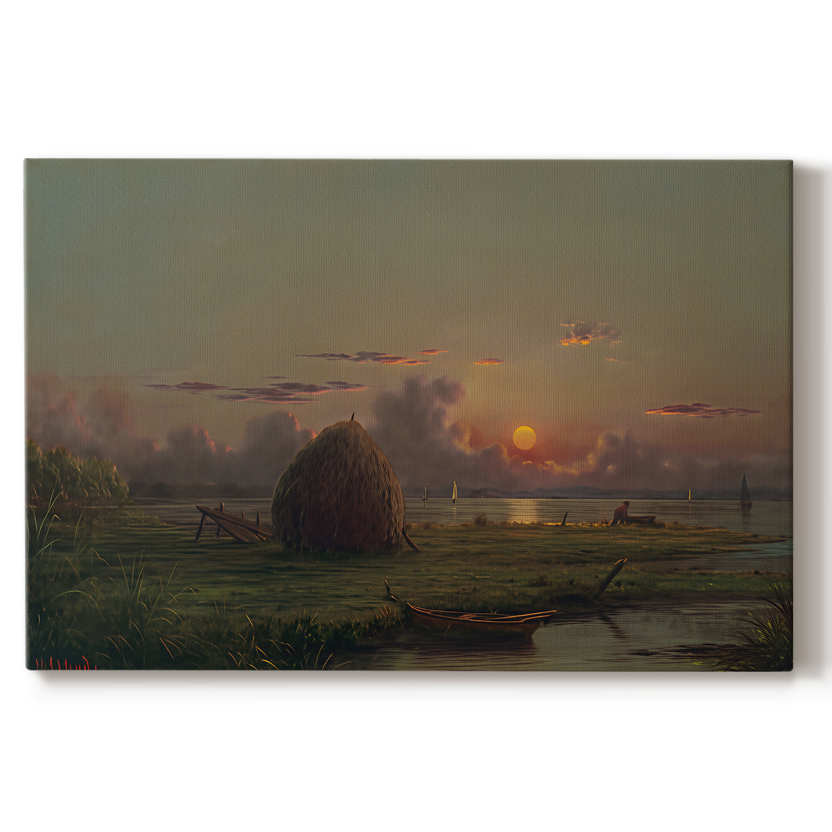 Canvas art print portraying a haystack in field under warm sunset sky, set against a white background