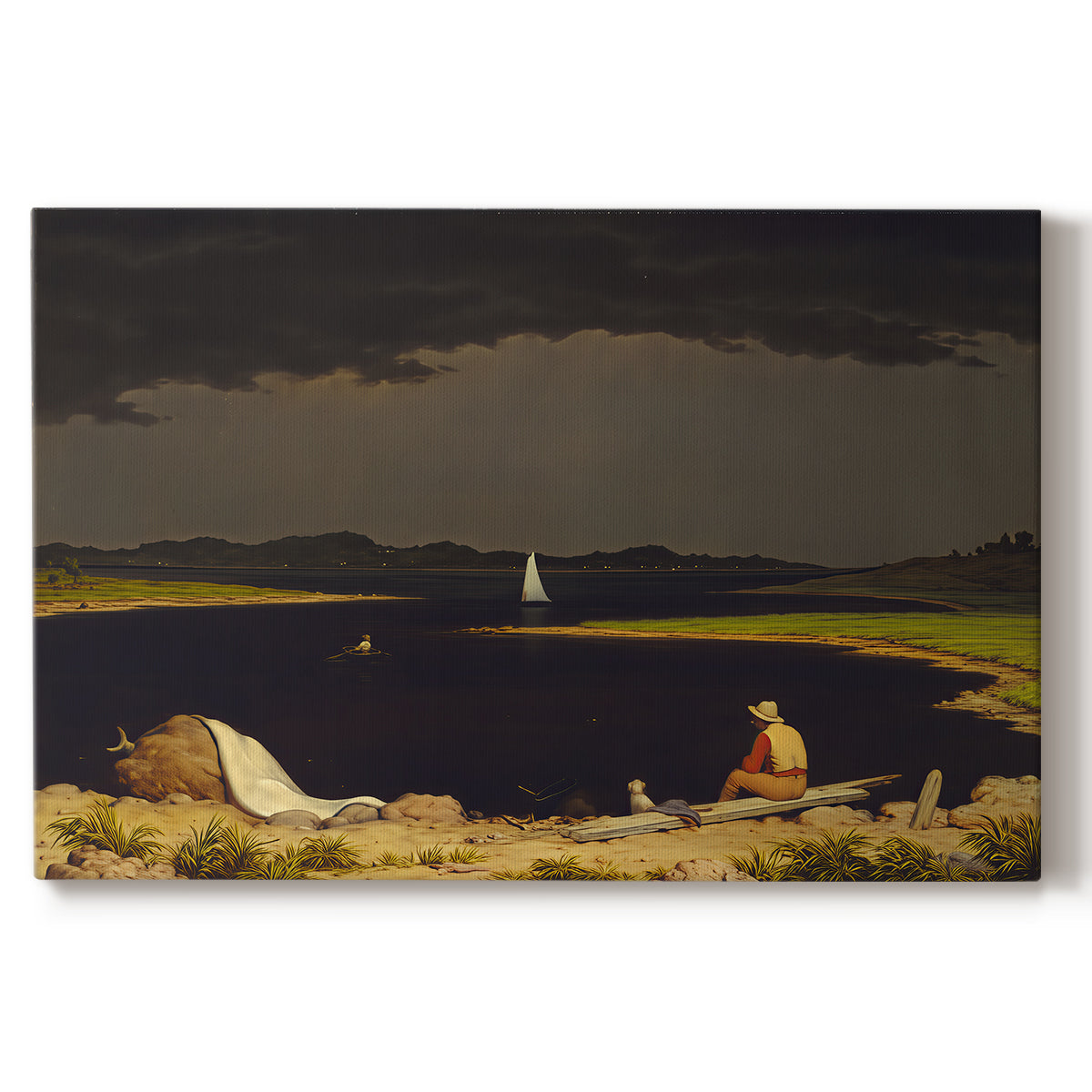Canvas art print portraying dark storm clouds gathering over landscape horizon, set against a white background