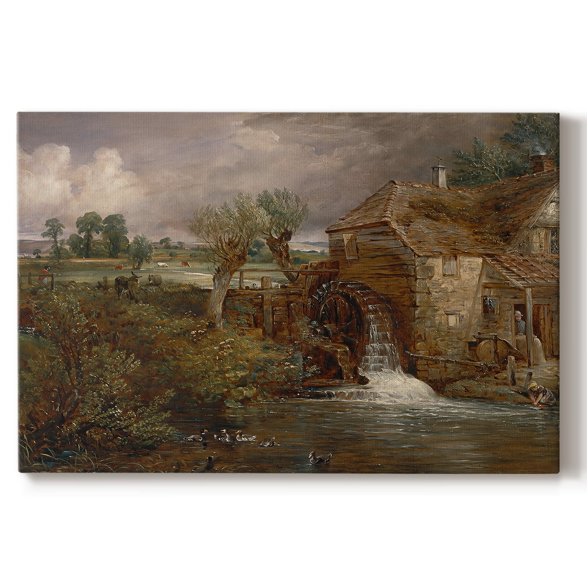 Canvas art print portraying a mill beside water in rural setting, set against a white background