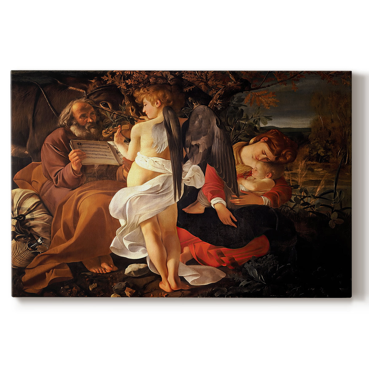 Canvas art print portraying the Holy Family resting in landscape with angel playing violin, set against a white background