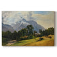 Canvas art print portraying an alpine mountain landscape with towering peaks and valley below, set against a white background
