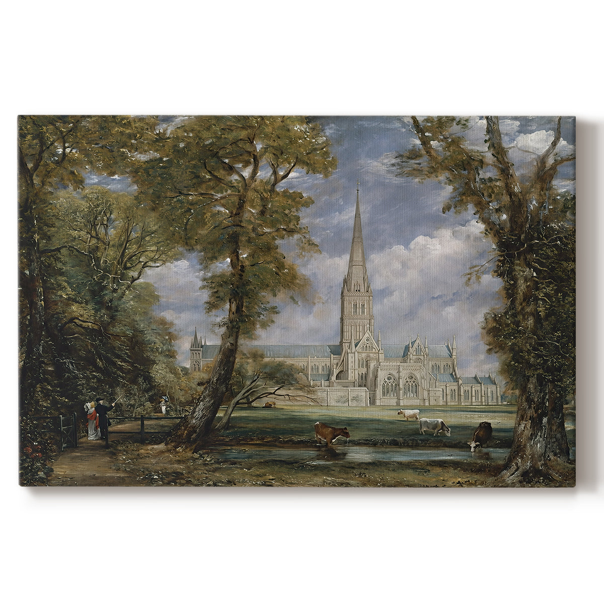 Canvas art print portraying a cathedral rising above landscape with trees, set against a white background