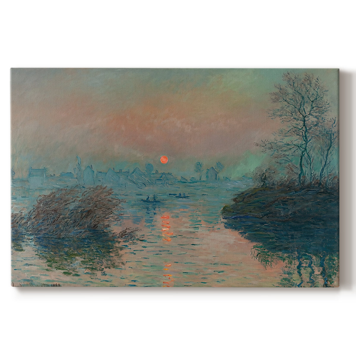 Canvas art print portraying a glowing sunset over snowy river landscape with soft reflections, set against a white background
