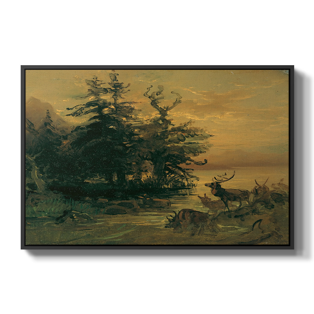 Wallowing Deer on the Shore of a Mountain Lake, c. 1850 - Floater Framed Canvas Print