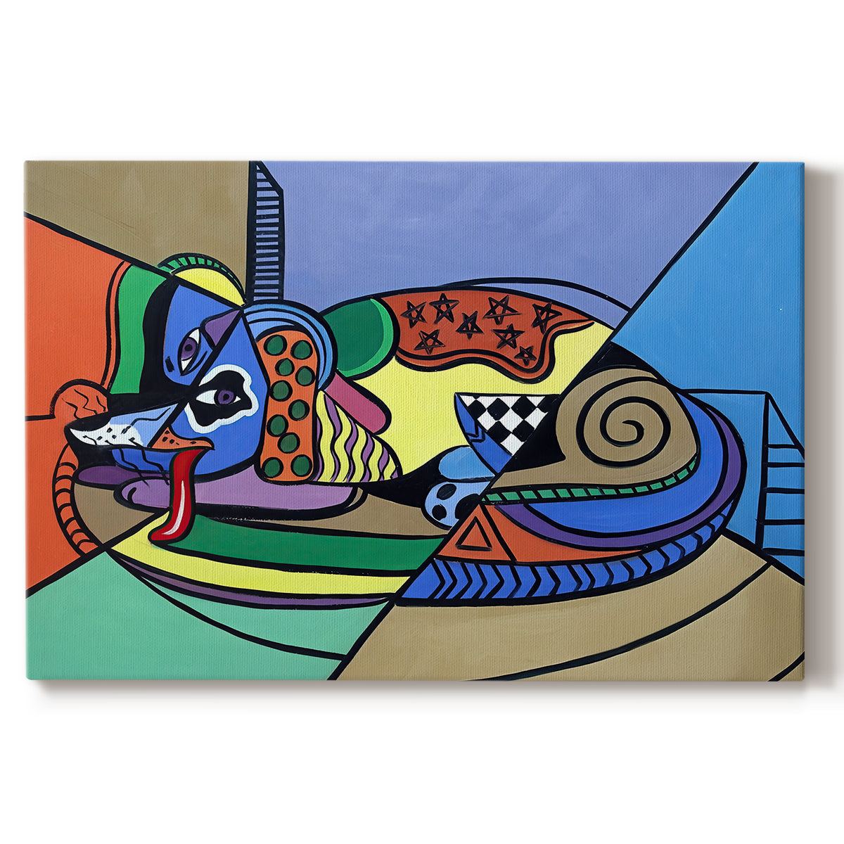 Canvas art print portraying a colorful geometric dog composed of bold shapes, set against a white background