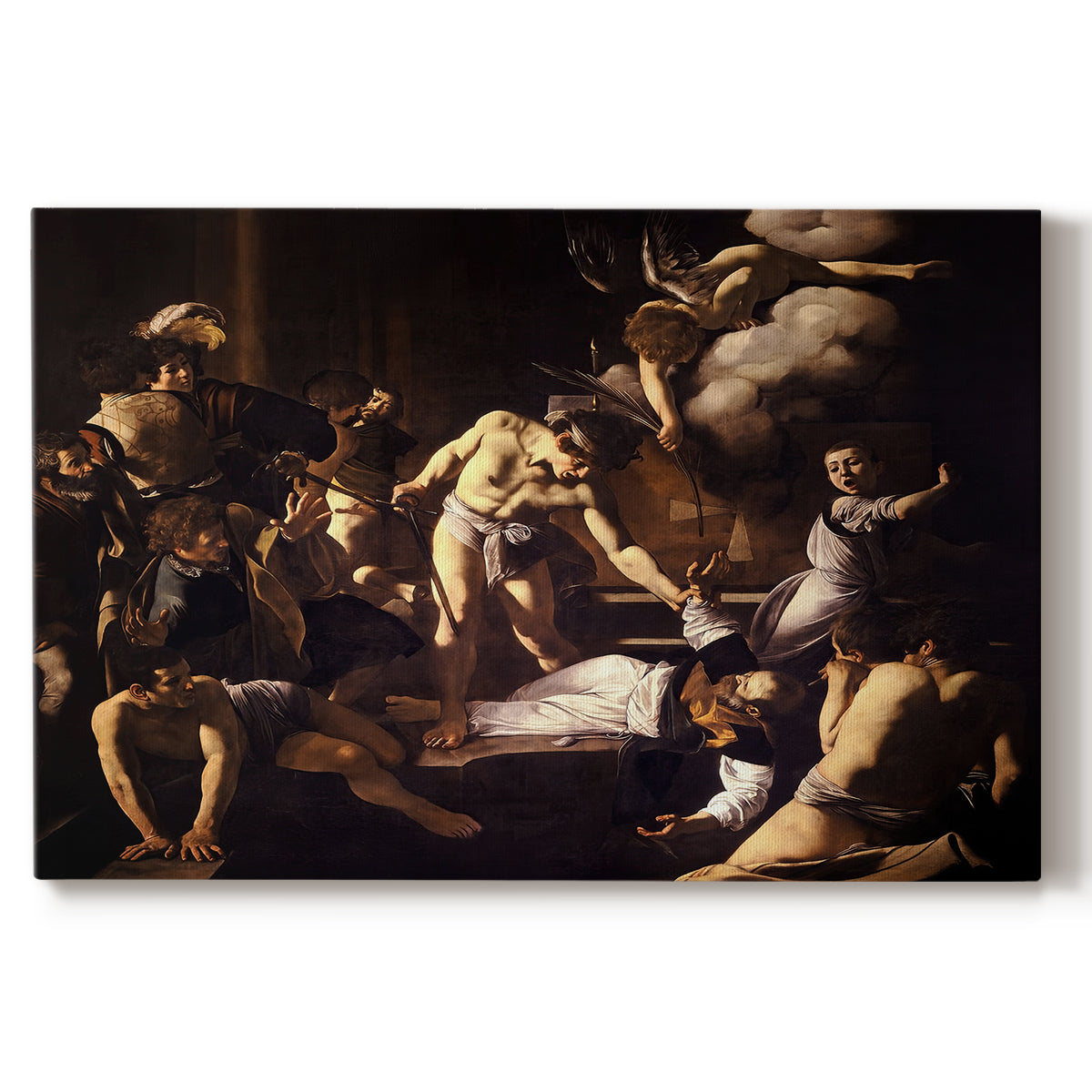 Canvas art print portraying a chaotic scene of Saint Matthew being attacked by executioner in church, set against a white background