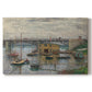 Canvas art print portraying a bridge crossing river under gray sky with muted reflections, set against a white background