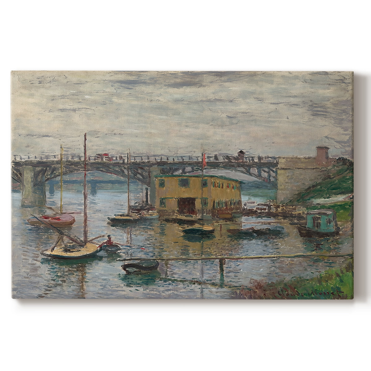 Canvas art print portraying a bridge crossing river under gray sky with muted reflections, set against a white background