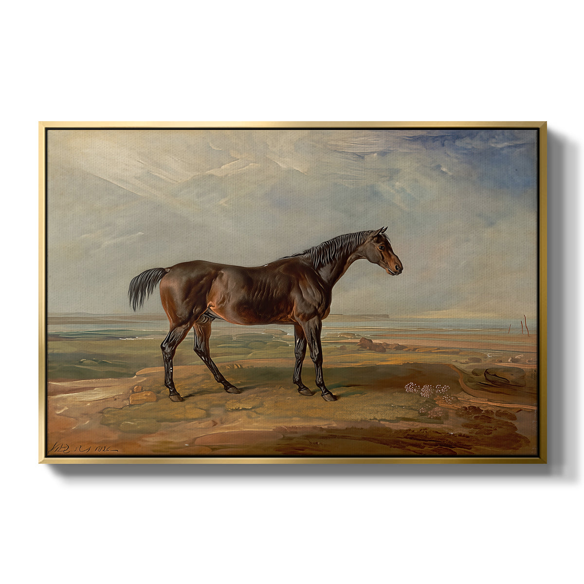 Dr. Syntax, a Bay Racehorse, Standing in a Coastal Landscape, an Estuary Beyond, c. 1820 - Floater Framed Canvas Print