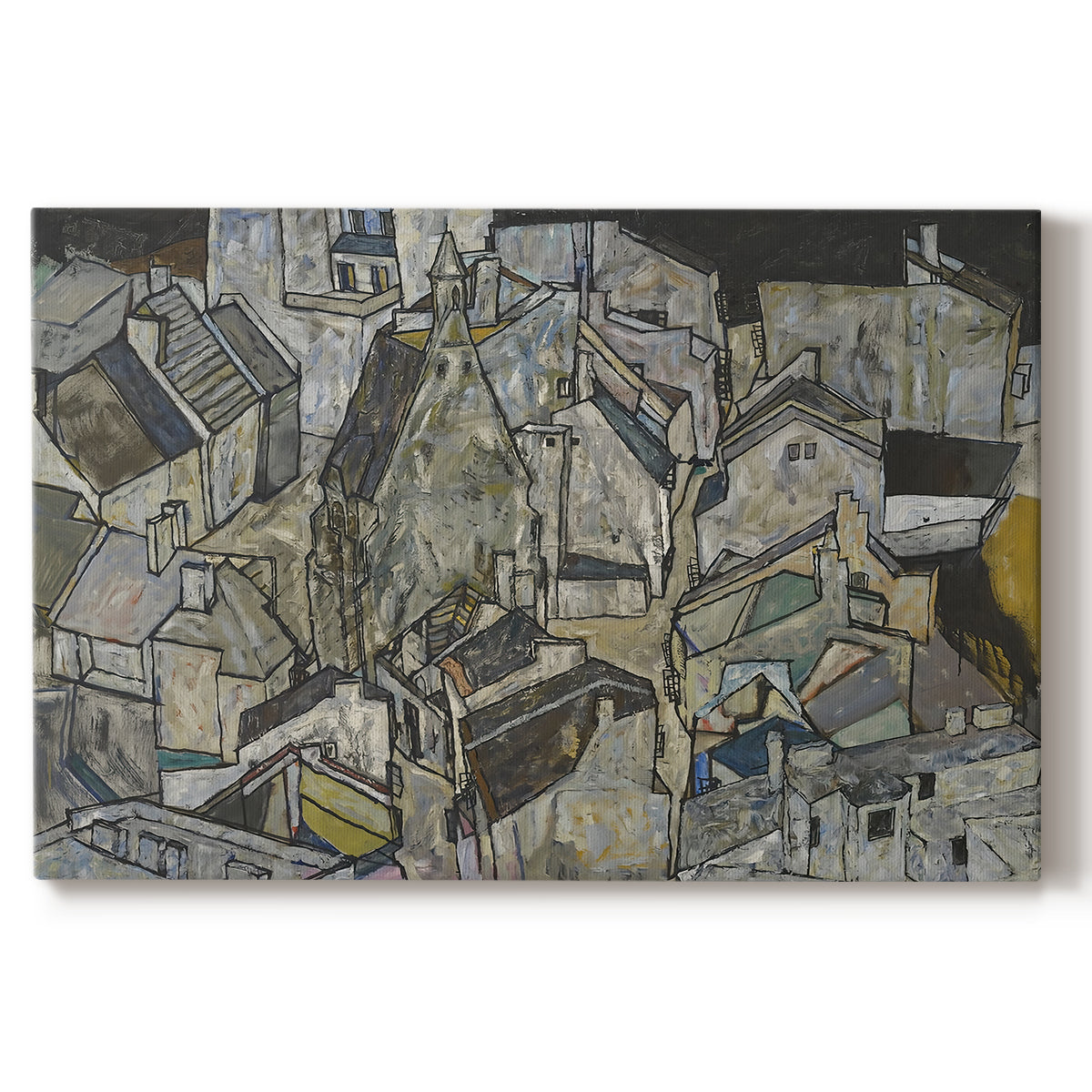 Canvas art print portraying clustered geometric houses forming dense urban landscape with sharp angles, set against a white background