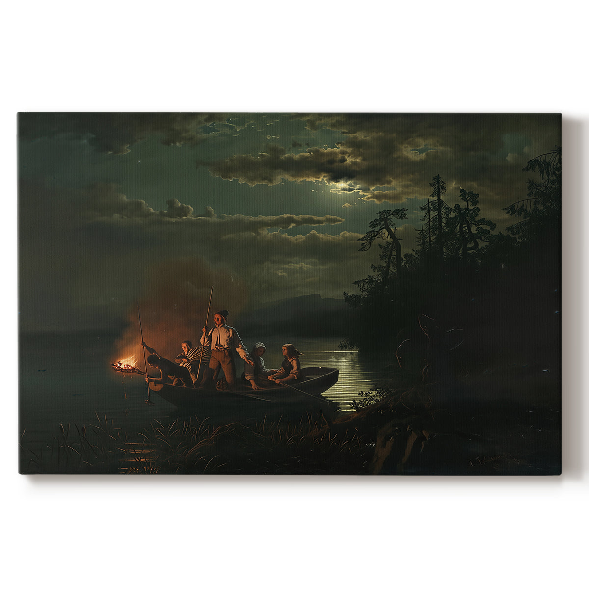 Canvas art print portraying figures fishing with spears from boat on calm lake at dusk, set against a white background